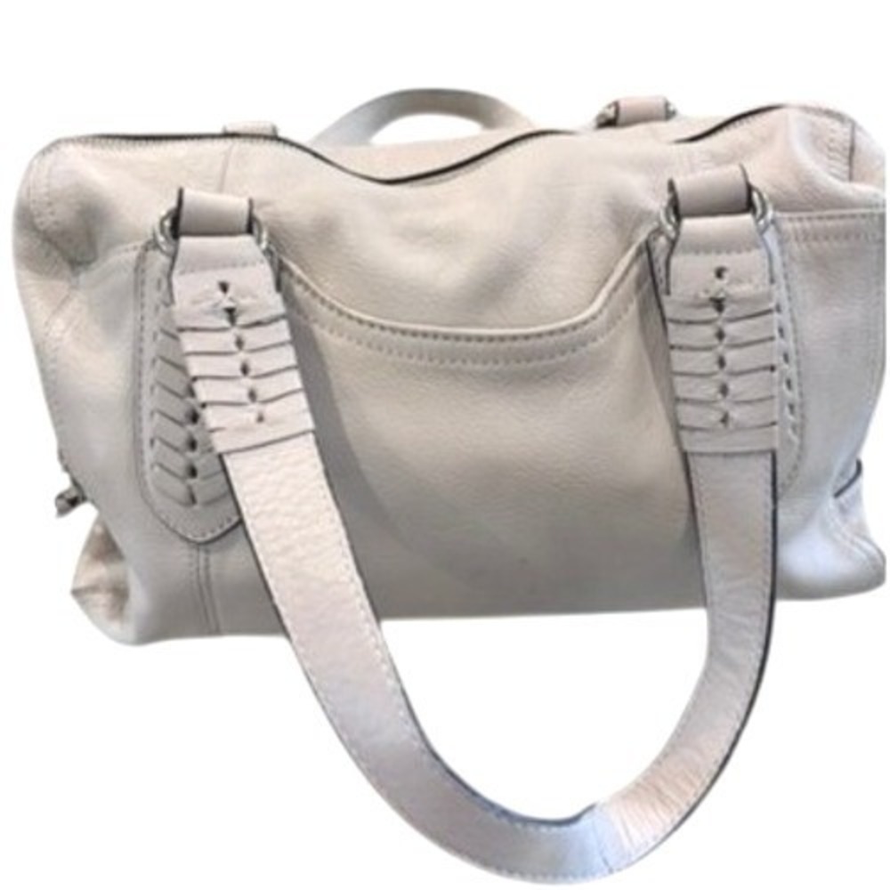 B Makowsky Cream Pebbled Leather Satchel Shoulder Bag Whipstitch Cream